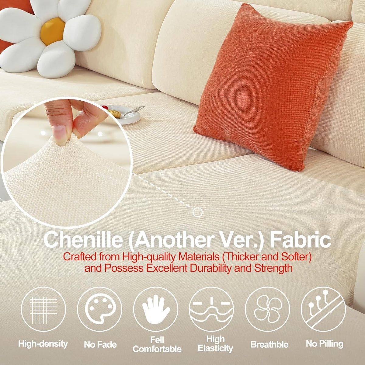Large Backrest Cushion Covers Super Stretch for 2 Couch Back Cushions, Featuring Chenille Yarn (Softer Version, 2PC, Beige)