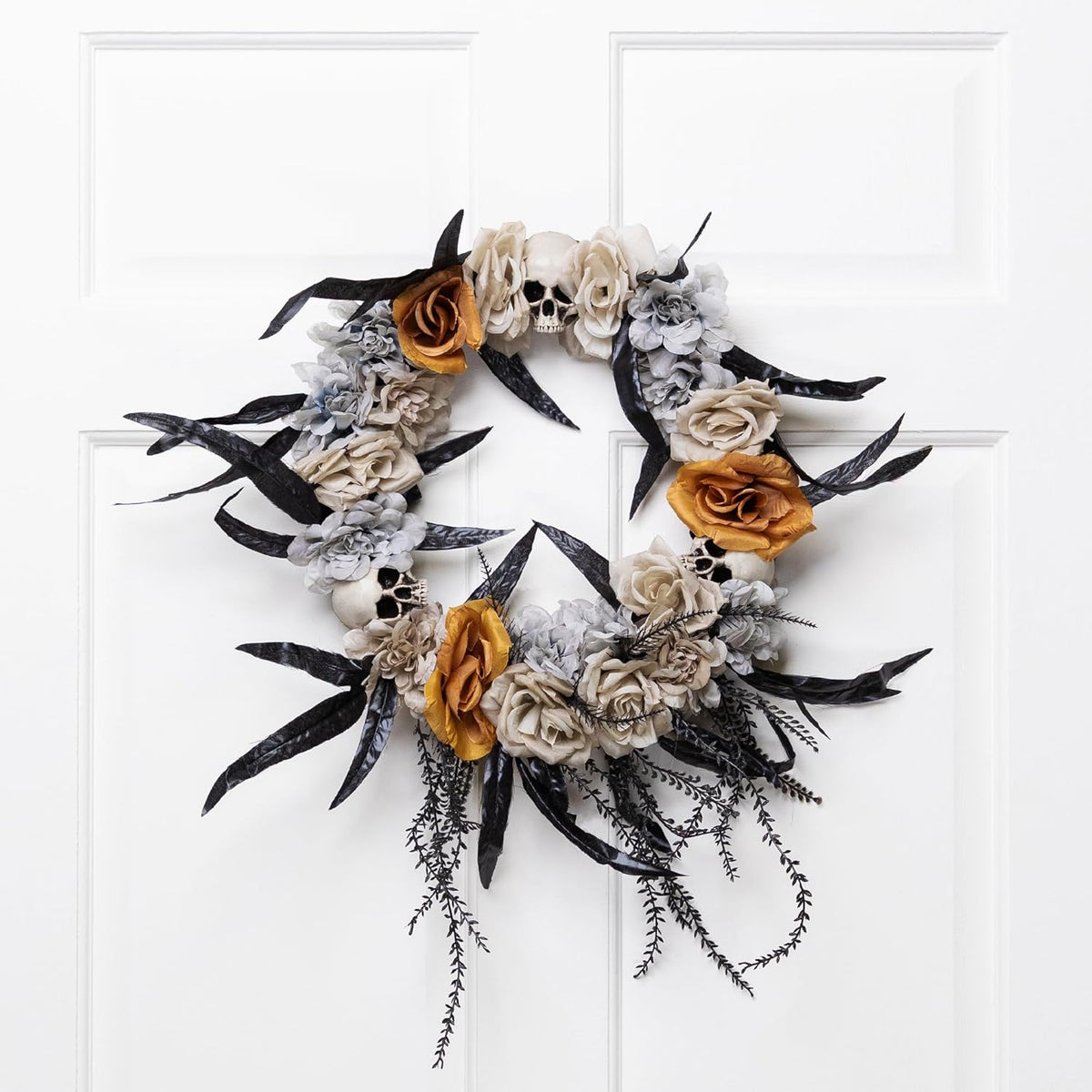 Skulls with Roses Halloween Foliage Wreath - 14" - Unlit