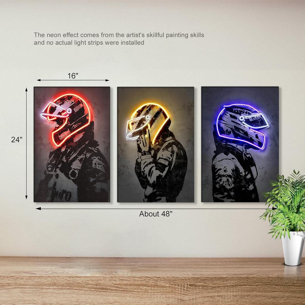 Sorventina Racing Superstar Wall Decor Canvas Prints- 3pcs Set Sports Painting Art Decor, Neon Racing Driver and Motorcycle Wall Art for Bedroom Living Room Home Decor, Wrap Framed(colorful, 16x24)