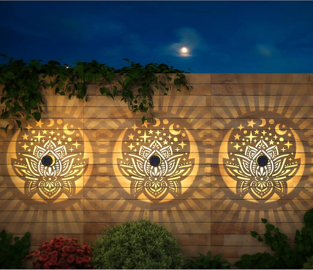 4 Pack Solar Fence Lights Metal Solar Powered Outdoor Wall Deck Lights Lotus Theme Waterproof Fence Light for Garden Post Patio Backyard Yard Decor (Lotus, 4 Pack)
