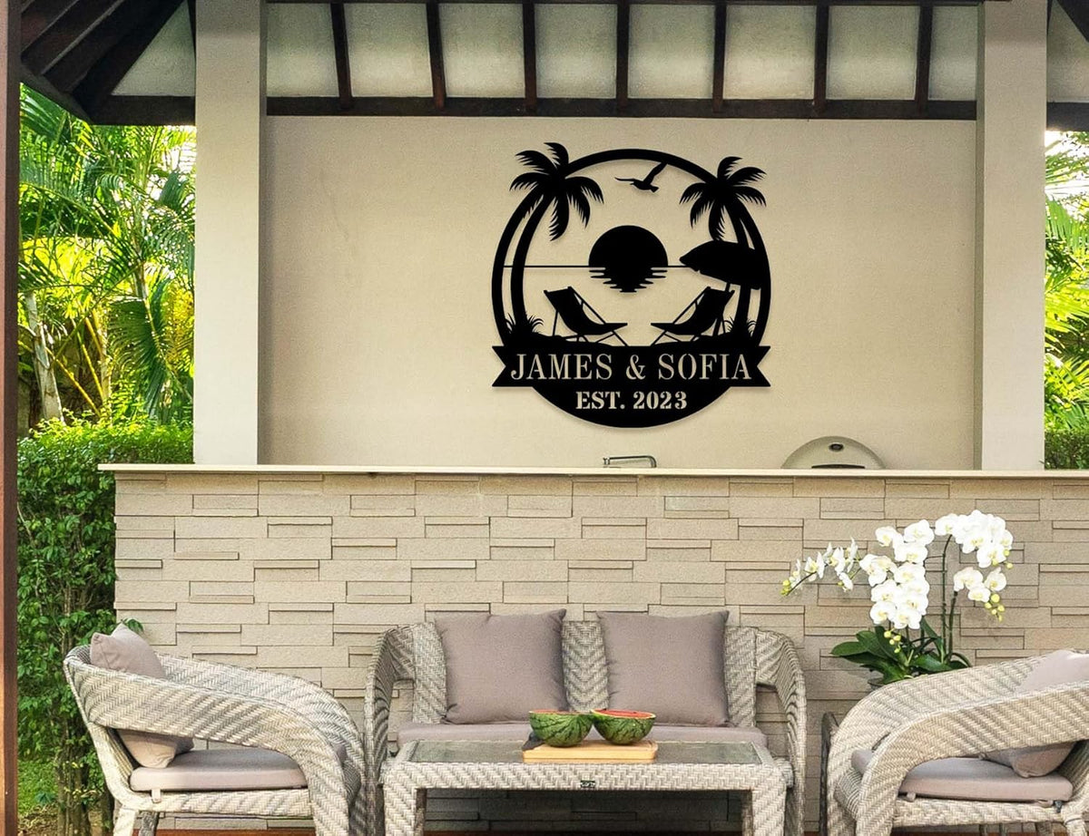 Personalized Beach Metal Monogram Sign, Custom Palm Trees Metal Name Sign, Outdoor Metal Family Name Sign, Custom Last Name Sign, Beach Coastal House Decor