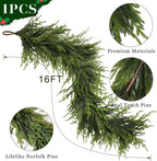 Artificial Norfolk Pine Garland - Faux Christmas Garland Fake Green Garland for Fireplace,Table, Stairs, Mantle, Window,Indoor Outdoor,Home,Holiday Decor (1 PCS,16 FT)