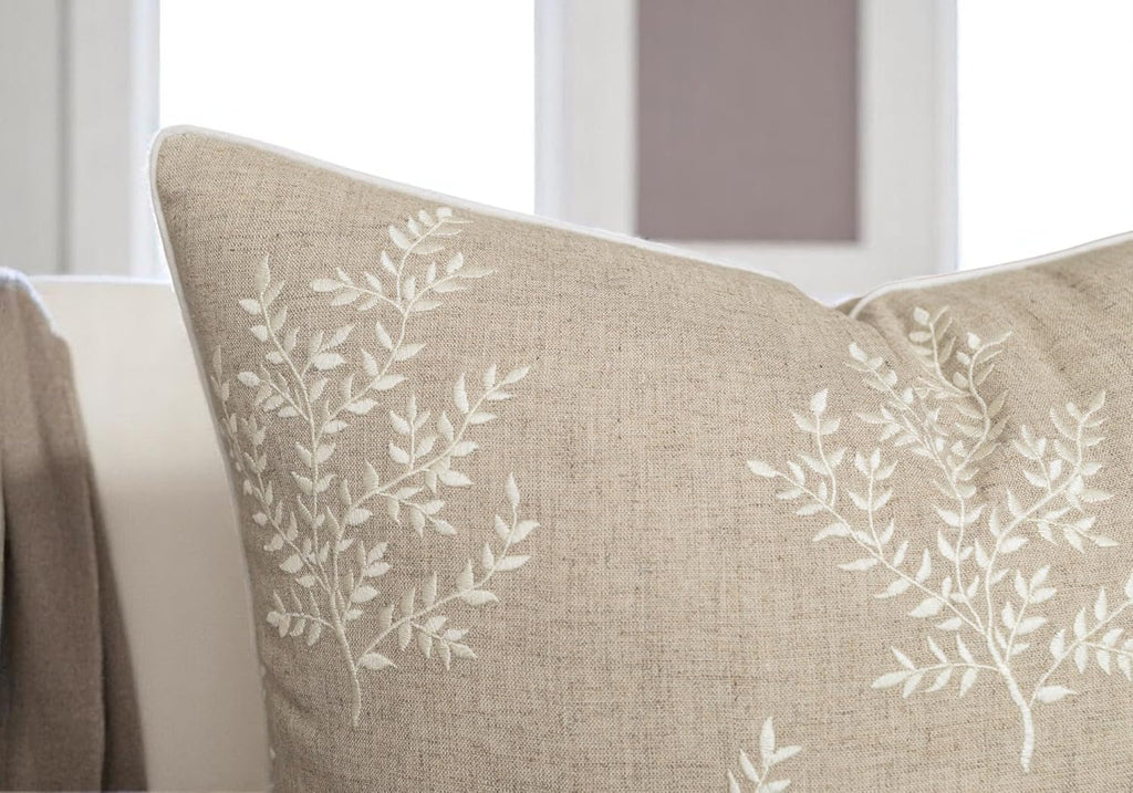 VAGMINE Embroidered Leaves Throw Pillow Cover - 20x20 Inches Square - 100% Linen Natural Throw Pillowcase - Elegant Neutral Leaf Design - Minimalist Rustic Home Accent for Sofa, Bed, Couch, Lounge