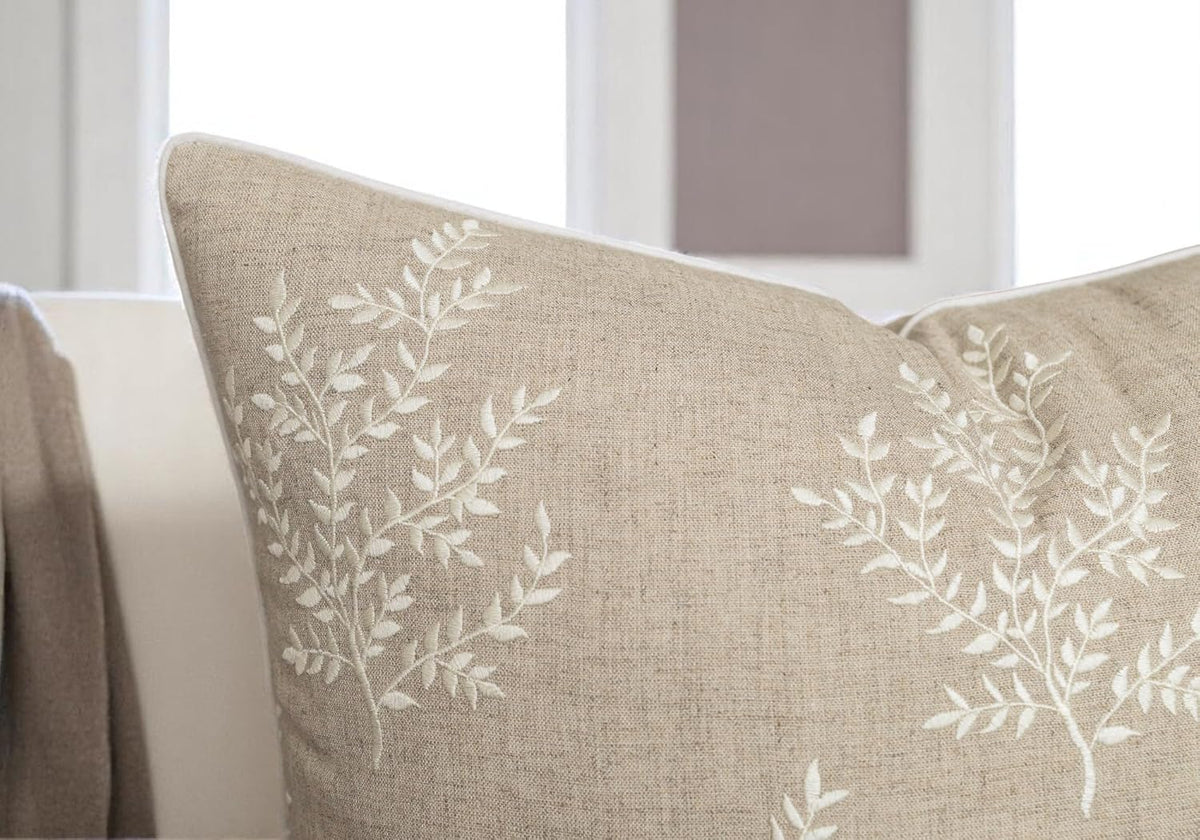 VAGMINE Embroidered Leaves Throw Pillow Cover - 20x20 Inches Square - 100% Linen Natural Throw Pillowcase - Elegant Neutral Leaf Design - Minimalist Rustic Home Accent for Sofa, Bed, Couch, Lounge