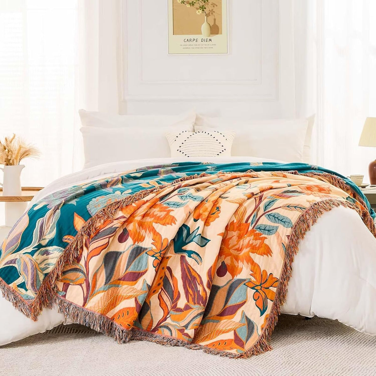 Boho Throw Blanket for Bed, 100% Cotton Soft Rustic Quilt Fall Blanket, 60"x80" Floral Printed Farmhouse Decor Bed Blankets, All Season Rustic Reversible Bohemian Throw Quilt