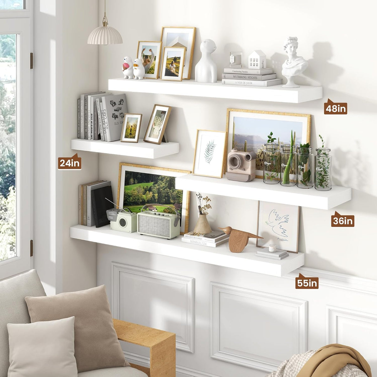 Heimlove 55 Inch Floating Shelves for Wall,10 Deep 10 Deep Large White Wall Shelf with Heavy Duty Brackets,Mounted Storage & Display Shelves for Bedroom,Living Room,Kitchen,Office,Set of 2