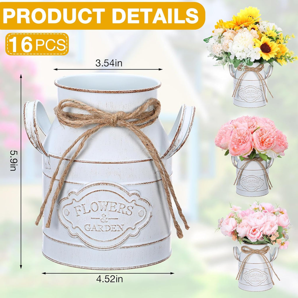 6 Inch Farmhouse Vase Decor Milk Can Vintage Flower Jug Galvanized Metal Vase with Handle Rustic Flower Buckets for Thanksgiving Christmas Table Centerpiece Weddings Gifts(Retro White,16 Pcs)