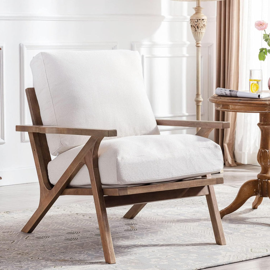 HNY Mid Century Modern Accent Chair, Farmhouse Retro Linen Upholstered Armchair for Living Room Bedroom, 23'' Seat Wide Leisure Slipper Chair with Wood Frame, White