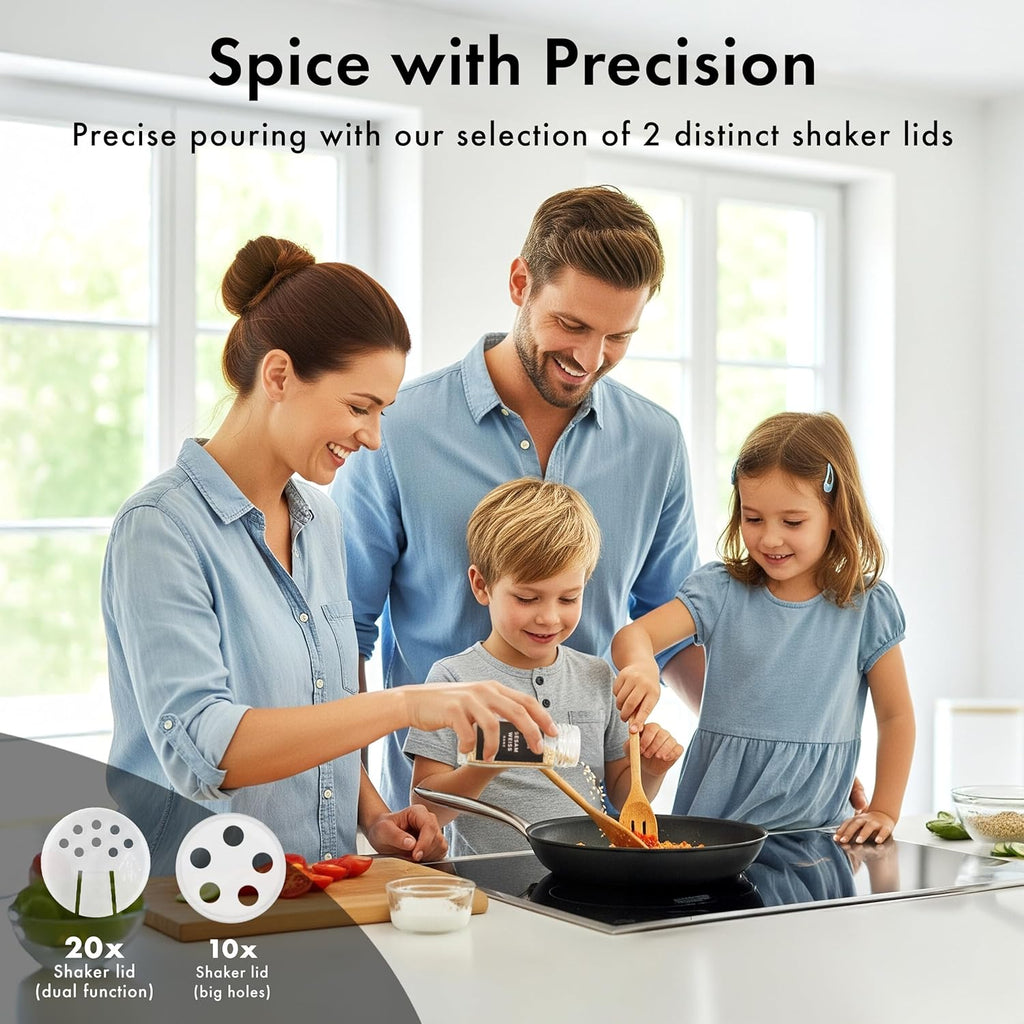 Glass Spice Jars with Label and Stainless Steel Lids (24 x 4oz) Spice Containers with 240 Labels, Shaker Inserts, Steel Funnel, Empty Square Empty Square Seasoning Organizer (Black)