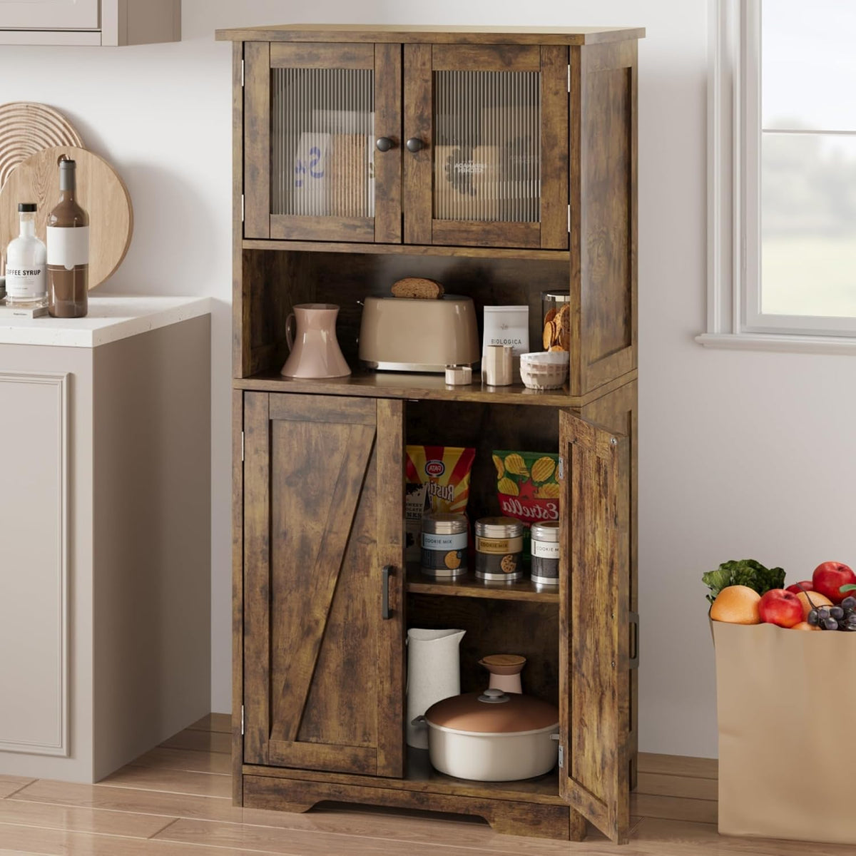 GarveeHome 54in Tall Bathroom Cabinet, Farmhouse Storage Cabinet with Glass Doors and Adjustable Shelves, Freestanding Kitchen Pantry Cabinets, Cupboard for Living Room, Dining Room, Rustic Brown