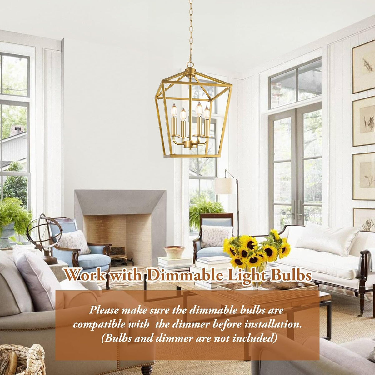 Farmhouse Chandelier 4-Light, Gold Pendant Light Fixture for Kitchen Island Dining Room, Lantern Industrial Lighting Ceiling Hanging with Metal Cage Adjustable Height for Entryway Foyer