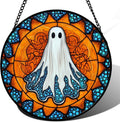 Stained Glass Window Hanging - Halloween Decorations White Ghost Suncatcher for Doors Garden Indoor Spooky Funny Blue Sun Catchers Gothic Decor Horror Gifts for Women Men Friend 9.8 in