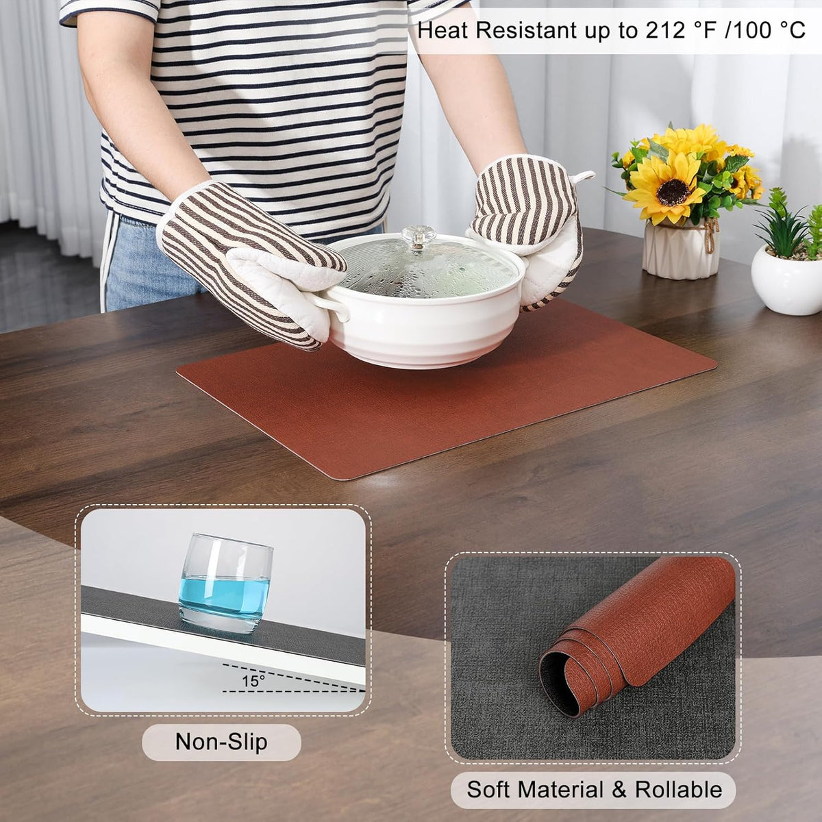 Myir JUN Dual Sided Faux Leather Placemats Set of 8 for Indoor Outdoor Dining Tables, Square Non-Slip Washable Wipeable Table Mats (Gray Terracotta, Set of 8)