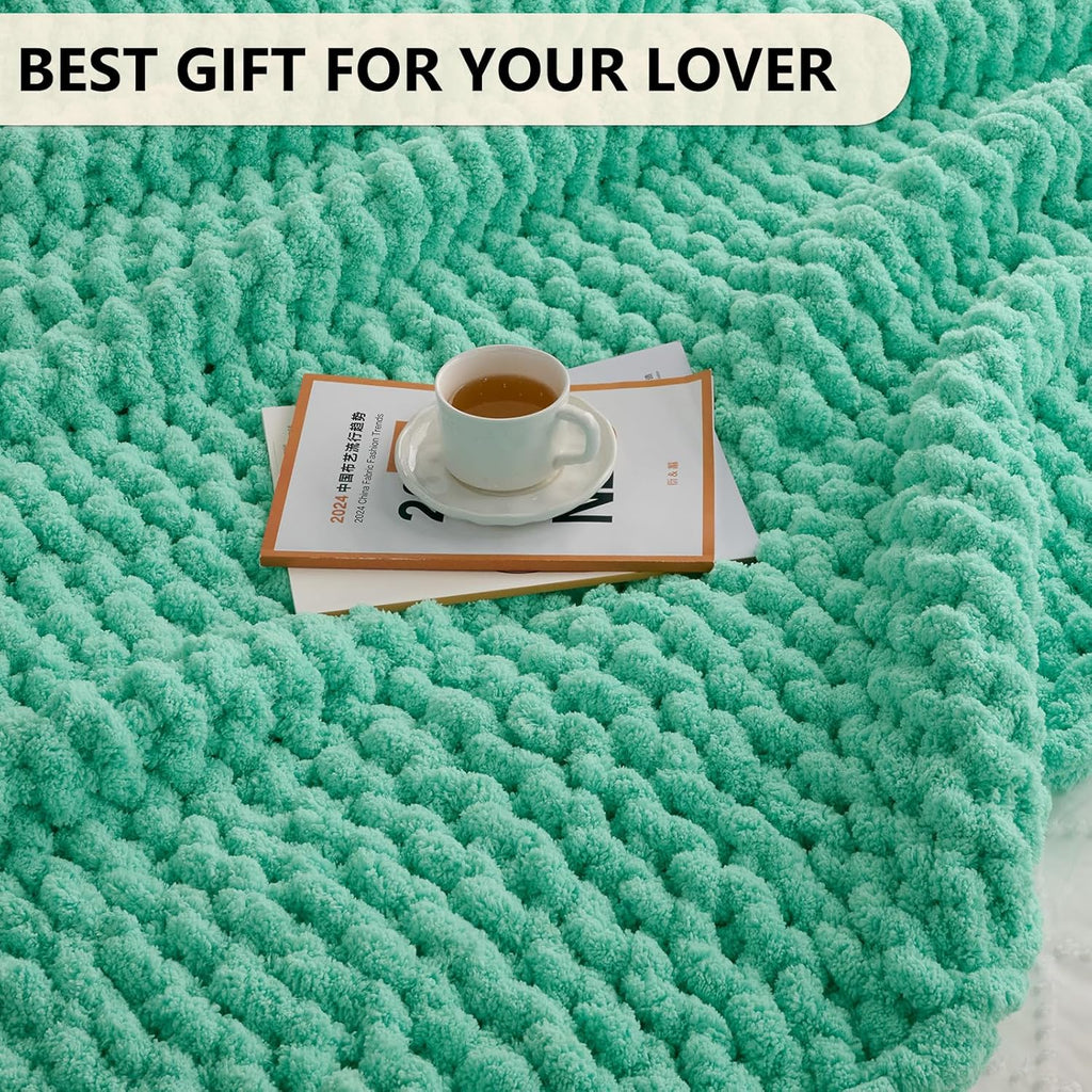 L'AGRATY Chunky Knit Blanket Throw: 50''x60'' Chenille Chunky Knitted Throw Blanket for Bed Couch - Handmade Thick Big Cable Knit Blanket - Large Crochet Rope Blanket for Home Decor(Aqua)
