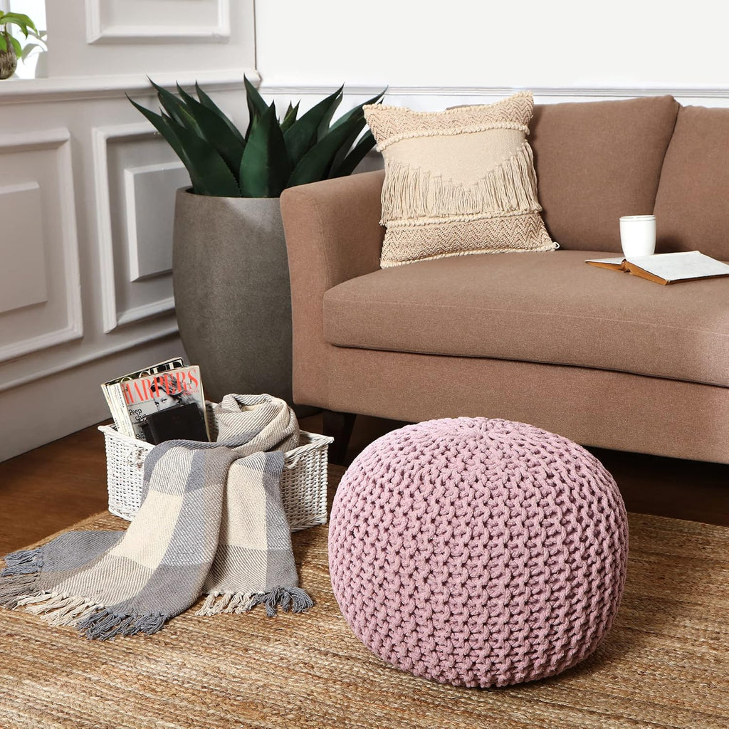 REDEARTH Round Pouf Ottoman - Hand Knitted Boho Poof Home Décor Pouffe Circular Footrest for Living Room - Bedroom - Lounge - 100% Cotton (19.5"x19.5"x14") - Pale Pink