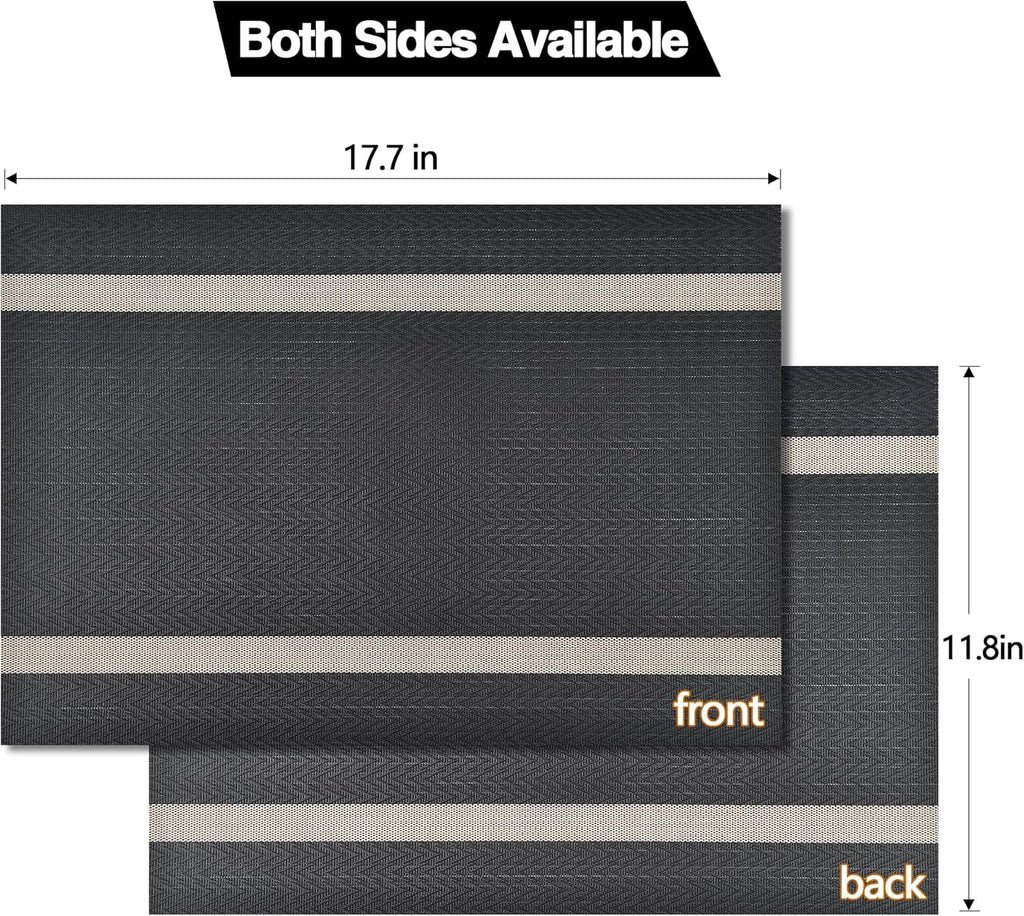 Black Placemats Set of 6 - Easy Clean Modern Durable Washable Vinyl Place Mats - Heat Resistant Placemats for Kitchen Table - PVC Table Mats for Dining Table (Black with Stripes, 6)