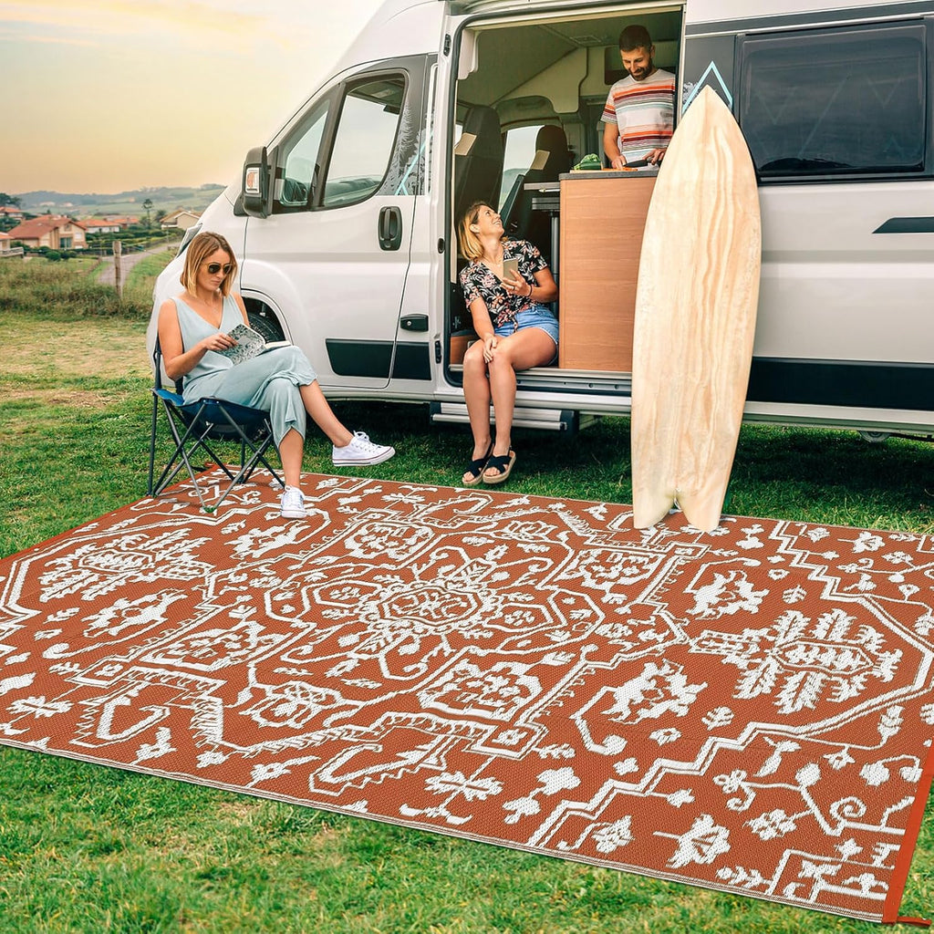 Waterproof Outdoor Rug 9x18 Reversible Plastic Straw Patio Rug, Stain-Resistant Vintage Medallion Carpet, Large Indoor Outdoor RV Mat for Deck, Camping, Balcony, Vintage Terracotta Brick/White