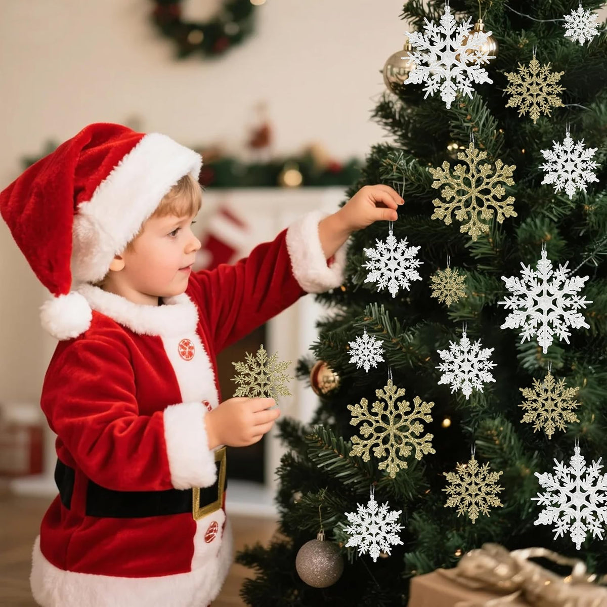 36pcs Snowflakes-Christmas Tree Decorations, Snowflake Ornaments for Tree, Plastic Glitter White Gold Snow Flakes Ornaments, Christmas Indoor Winter Wonderland Frozen Birthday Party Holiday Home Decor