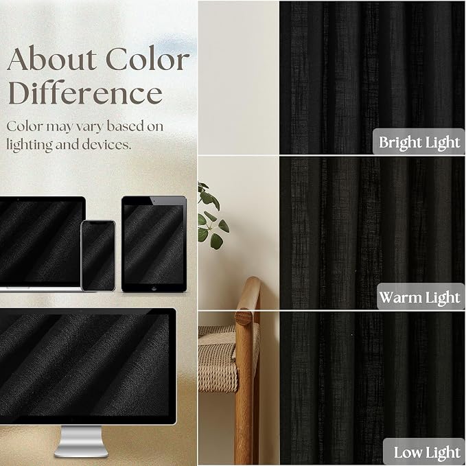 Black Pinch Pleated Linen Semi Sheer 120 Inch Curtains 2 Panels | Light - Image 4