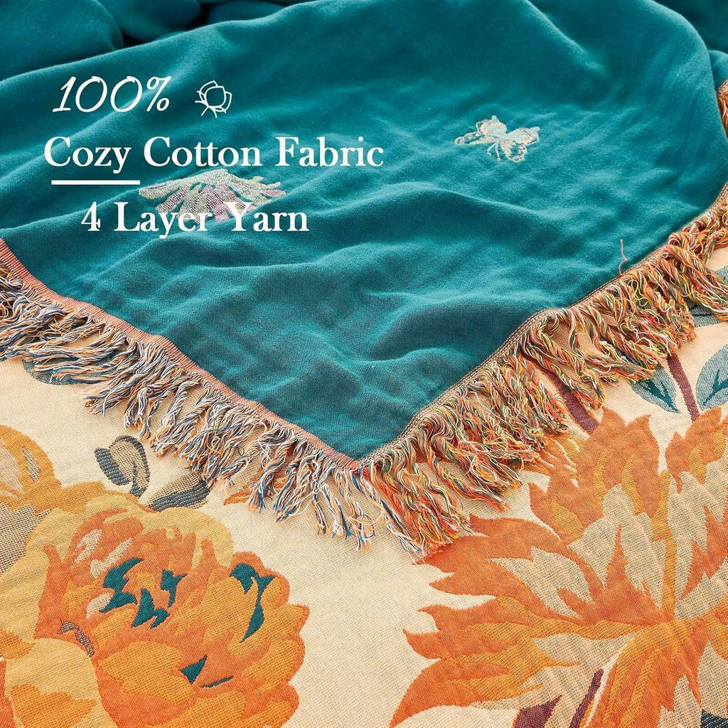 Boho Throw Blanket for Bed, 100% Cotton Soft Rustic Quilt Fall Blanket, 80" 90" Floral Printed Farmhouse Decor Bed Blankets, All Season Rustic Reversible Bohemian Throw Quilt