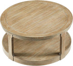 WILLIAMSPACE 40" Round Coffee Table with Wheels, Circle 2 Tier Solid Wood Center Coffee Table, Mid Century Retro Farmhouse Rounded End Table for Living Room Apartment, ø40 x 17.52" H (Light Brown)