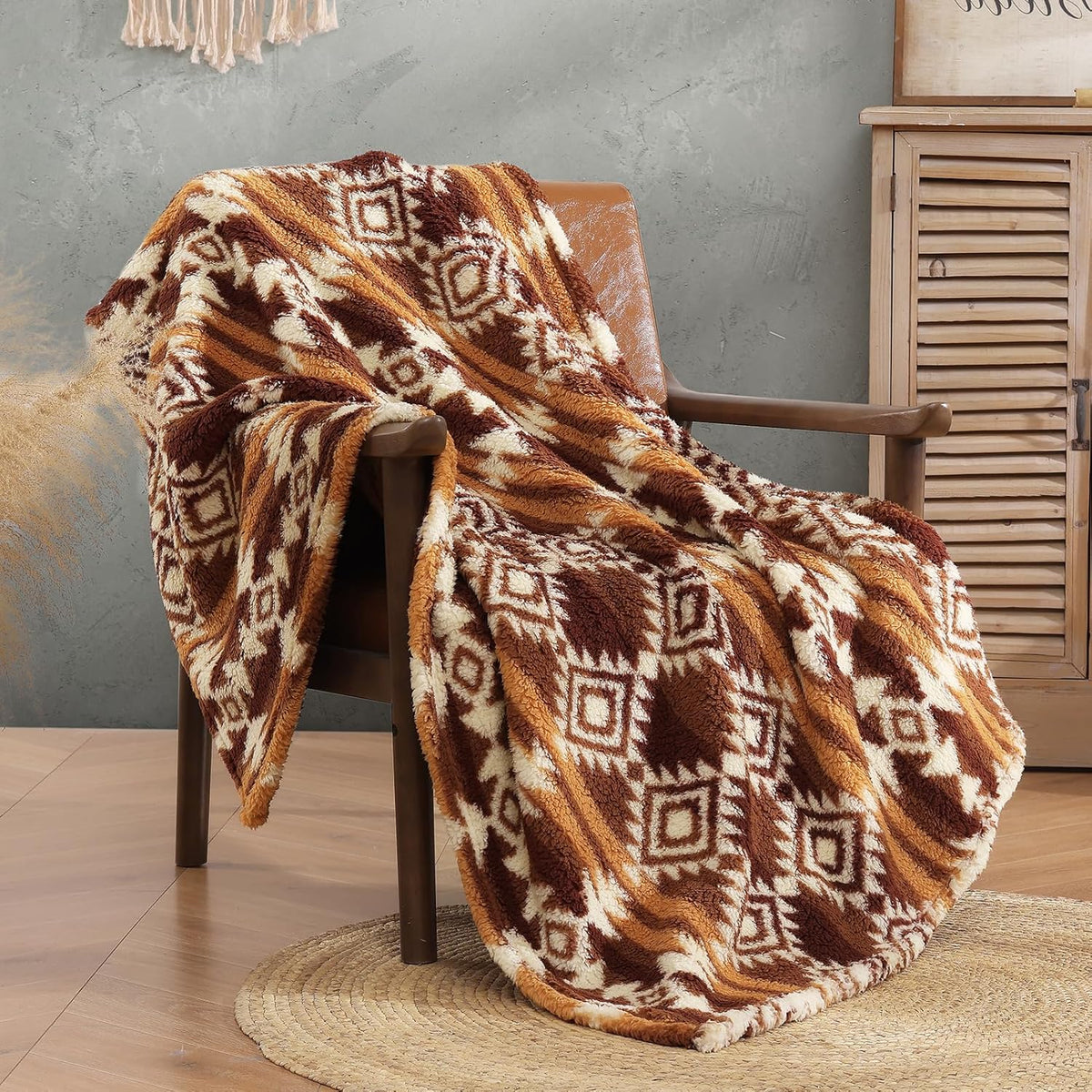 CASAAGUSTO Boho Sherpa Throw Blanket, Aztec, Ultra Soft, Warm, Cozy, Plush, Thick Fleece Bohemian Throw Blanket for Couch, Bed, Sofa (Terracotta 50 * 60 Inch)