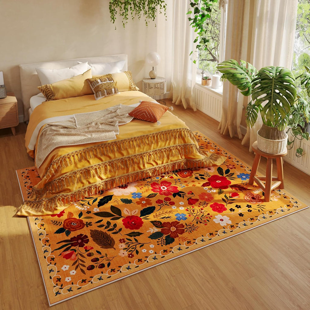 Area Rugs 8x10 Rug for Living Room Clearance Washable Boho Area Rug Non Slip Floral Vintage Low Pile Large Rug for Living Room, Bedroom, Farmhouse, Dining Room, Kids Playroom(Yellow)
