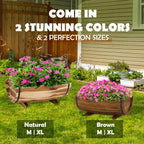 IDZO Solid Acacia Wood Half Barrel Planters Outdoor Set of 2 Different Sizes, Wooden Planters for Outdoor Plants with Metal Bands & Drainage Holes, Legs Included, Brown