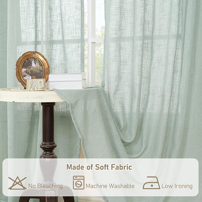 Short Linen Window Curtains 40 Inch Length 2 Panels, Light Sage | Semi Sheer - Image 8