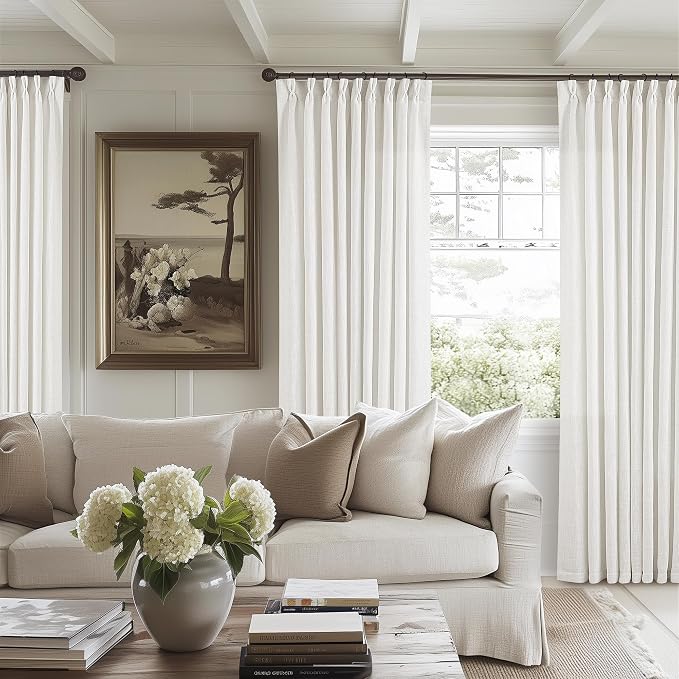 Extra Wide Pinch Pleat 84 Inch Curtains 60 Inch Wide Beige White | Memory by Twodrapes