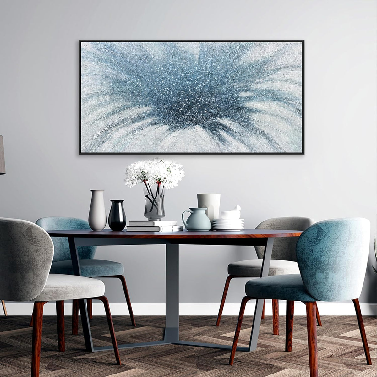 Wall Art Abstract Art Framed Canvas Paintings Blue and White Fantasy Modern Artwork Wall Decor for Living Room Bedroom Office Home Decoration 24"x48"