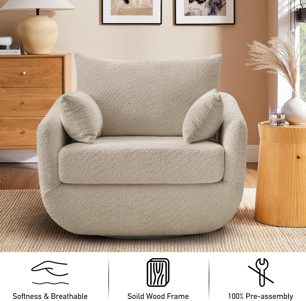 360° Swivel Accent Armchair Set of 2, 39.3" Oversized, Sherpa Boucle Fabric Sofa Chair with Removable Back & Arm Pillows, Swivel Chairs with Cozy Soft Padded, No Assembly Required, Camel
