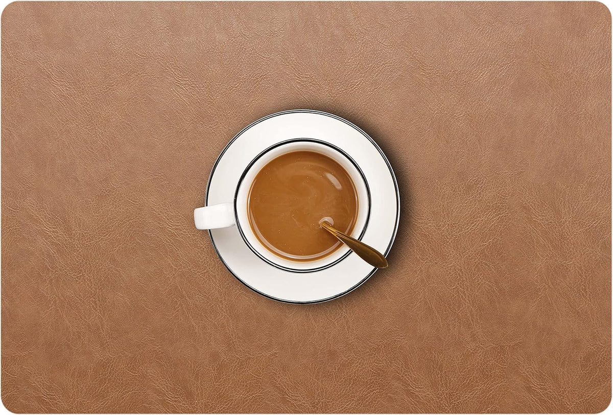 Set of 6 Faux Leather Placemats, PU Table Mats, Waterproof, Stain Resistant, Heat Resistant, Non-Slip Easy to Clean for Kitchen Dining Table,Conference Table F Flaxen