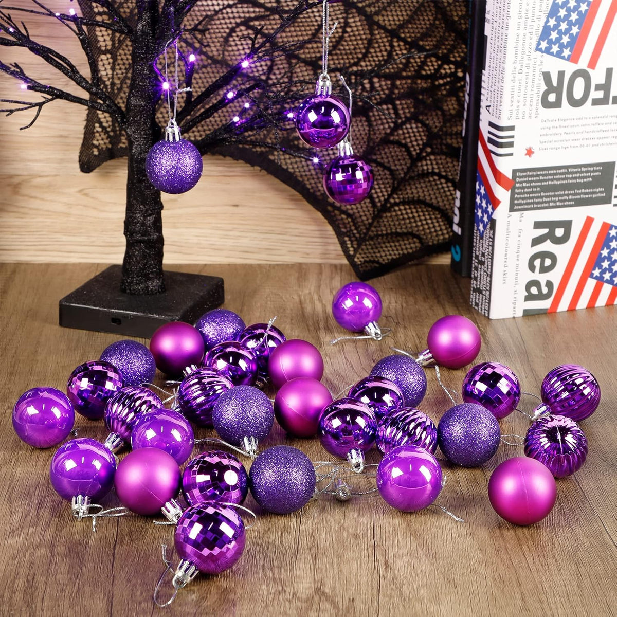 Lulu Home Halloween Hanging Ornaments, 34 Ct 1.57" Pre-Strung Plastic Balls, Shatterproof Barrel Packed Balls for Holiday Party Wreath Tabletop Tree Decorations, Dark Purple