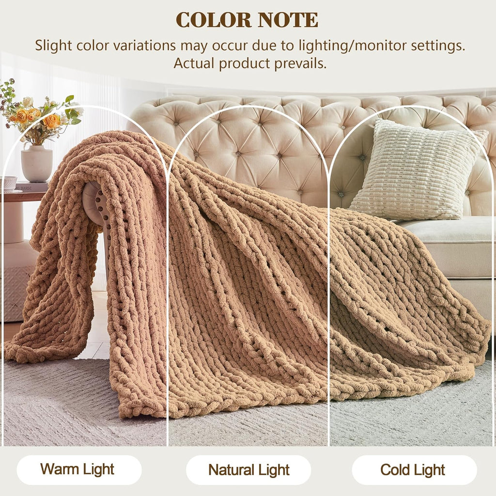 Carriediosa Chunky Knit Throw Blanket 50" X 60", 100% Hand Made Large Chenille Loop Yarn Soft Fluffy Throws for Couch Sofa Bed, Big Crochet Cozy Heavy Thick Cable Woven Blankets, Tan Brown