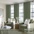 Olive Green Linen Pleated Curtains Semi Sheer Boho Curtain 50Wx80L 2 Panels | - Image 2