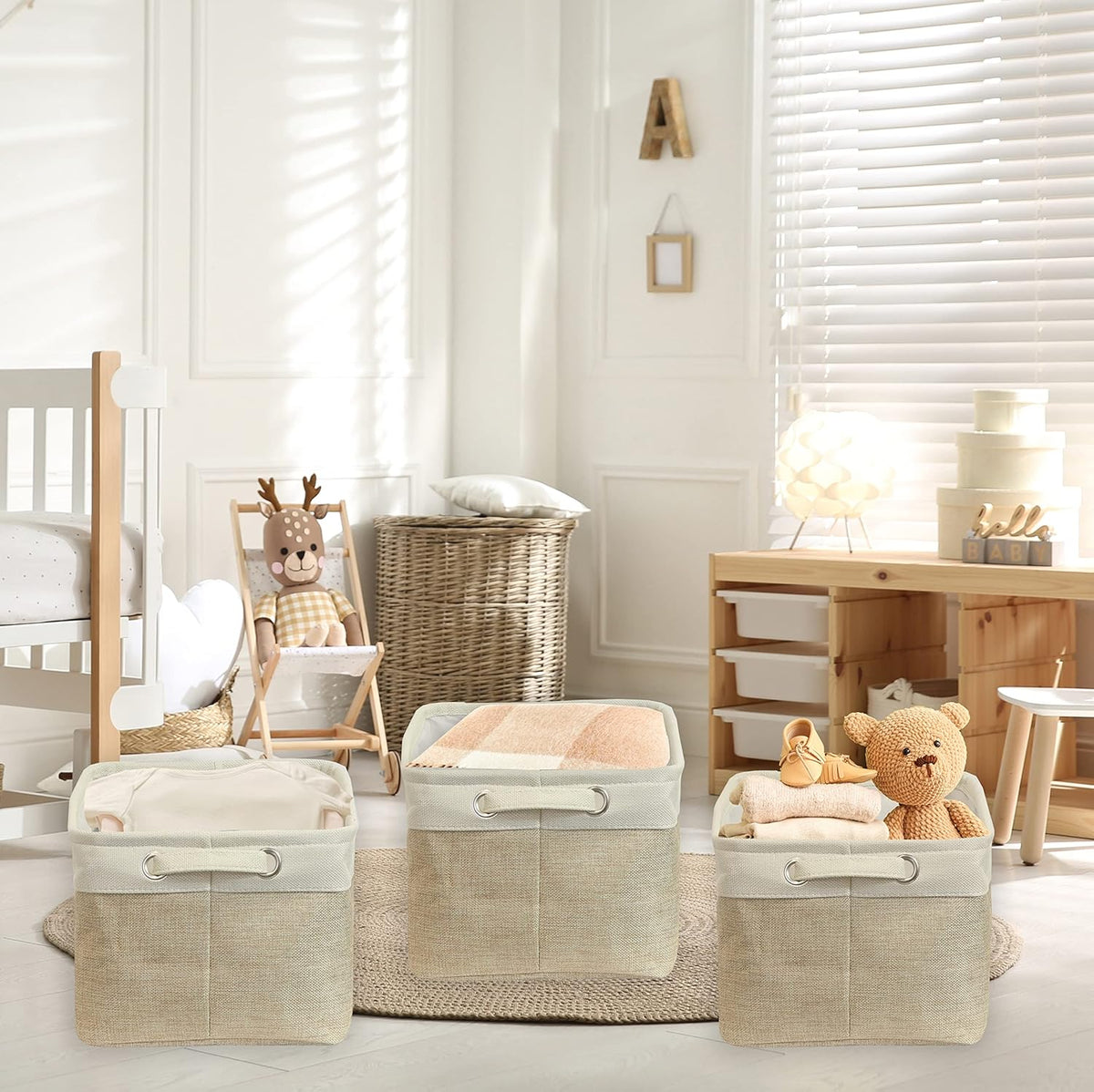 SIMPLE HOUSEWARE Large Fabric Storage Bin, 14.4" x 10" with Handles, 3-Pack, Foldable Organizer for Closet and Shelf, Beige