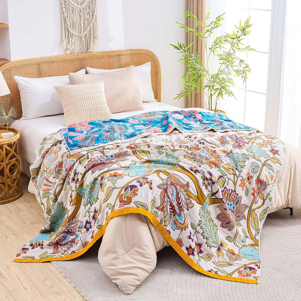 Boho Throw Blanket for Bed, 100% Cotton Soft Rustic Quilt Fall Blanket, 90"x98" Floral Printed Farmhouse Decor Bed Blankets, All Season Rustic Reversible Bohemian Throw Quilt