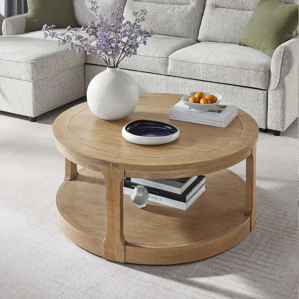 WILLIAMSPACE 40" Round Coffee Table with Wheels, Circle 2 Tier Solid Wood Center Coffee Table, Mid Century Retro Farmhouse Rounded End Table for Living Room Apartment, ø40 x 17.52" H (Light Brown)