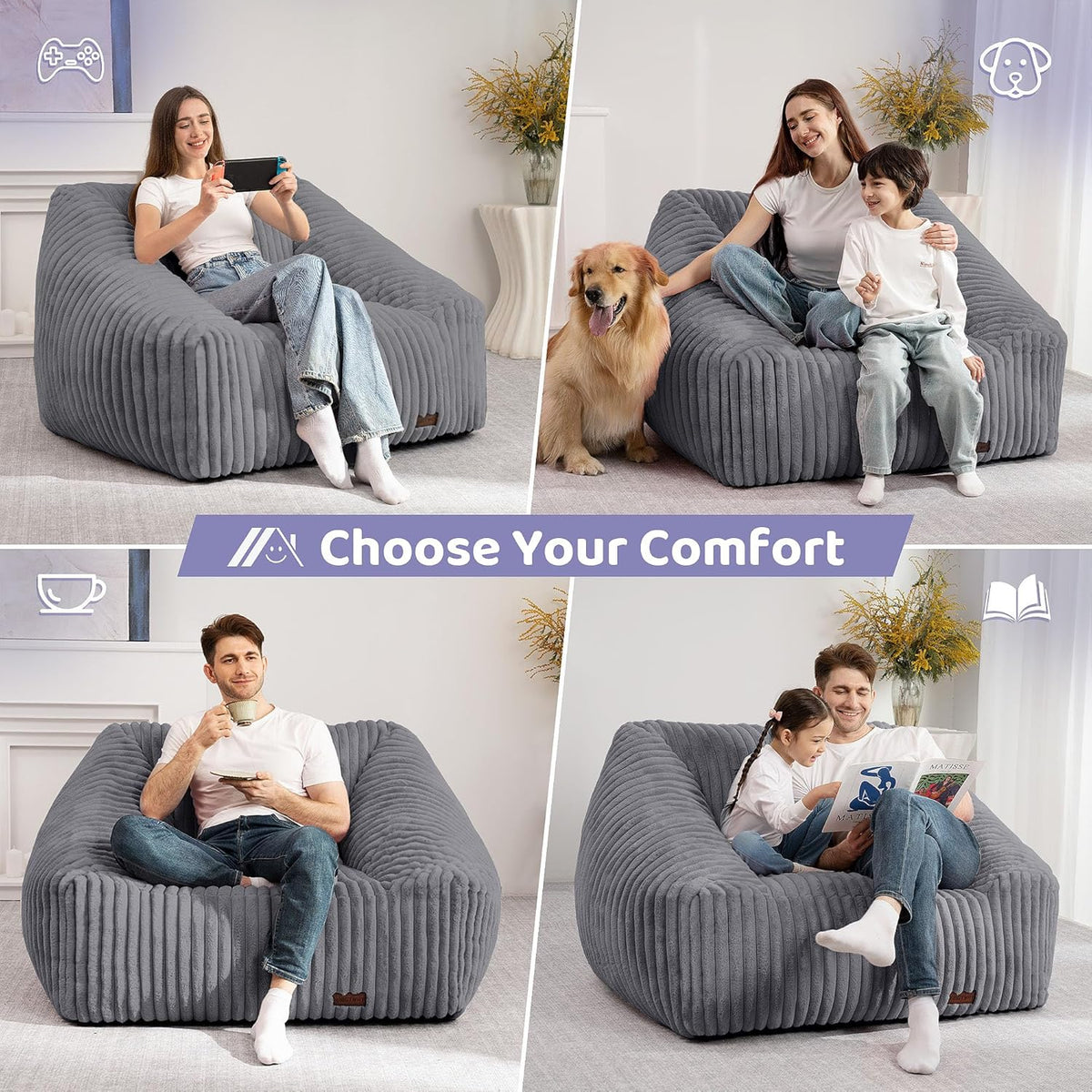 HABUTWAY Bean Bag Chair, Giant Bean Bag Chairs for Adults and Kids, Bean Bag Sofa, Lazy Floor Sofa, Faux Fur Beanbag Chair with Armrests for Living Room Bedroom (Grey)