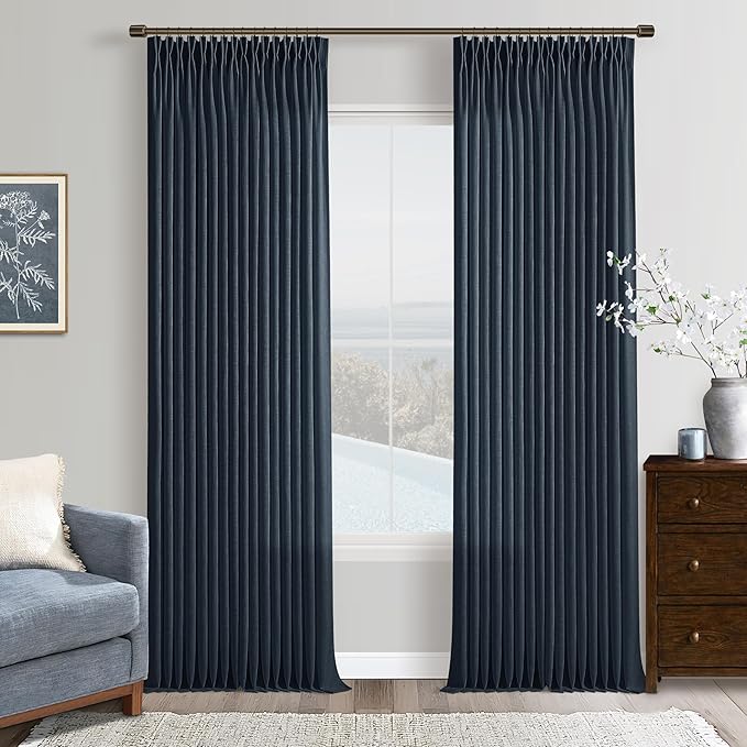 90 Inch Pinch Pleated Linen Light Filter Memory Shaped Navy Blue Curtains | by Twodrapes