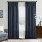 96 Inches Pinch Pleated Semi Sheer Memory Shaped Navy Thick Linen Curtains | by Twodrapes
