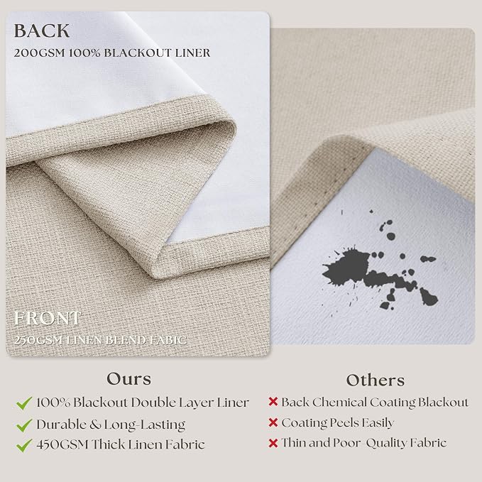 Natural Linen Blackout Pleated Curtains 108 Inches Long 2 Panels | Pinch Pleat - Image 6