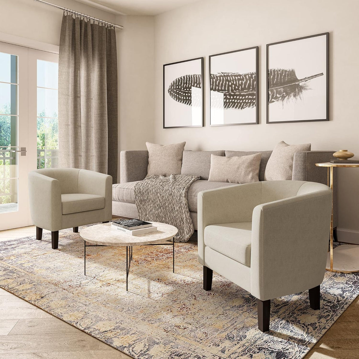 BELLEZE Accent Barrel Chair, Set of 2 Faux Leather Round Club Tub Sofa Corner Chair with Flared Legs and Cozy Soft Padding for Living Room Bedroom Waiting Room - Beige