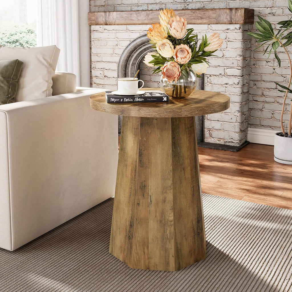 Tribesigns Round Pedestal End Table, Farmhouse Couch Side Table with Octagonal Base, Nightstand Accent Wooden Drink Stand (1, Rustic Brown)