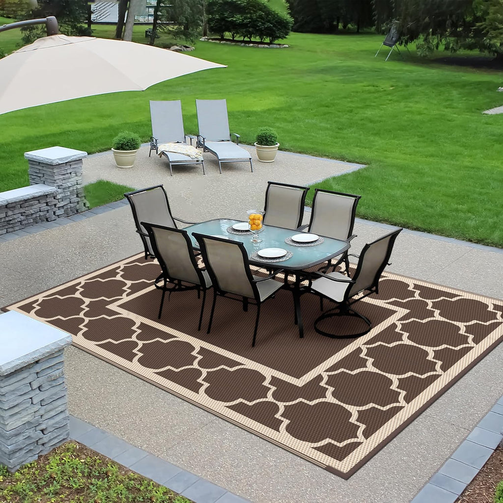 GENIMO 9' x 12' Outdoor Rug Waterproof for Patio Decor, Foldable Reversible Plastic Straw Area Rugs Mat for Camper, Outside Carpet for Rv, Deck, Porch, Picnic, Beach, Balcony, Coffee & Beige