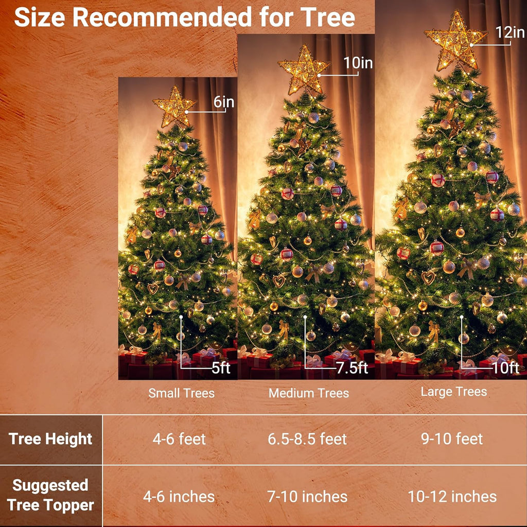 ODEETRONIC Rustic Tree Topper Lights, 10" Rattan Natural Christmas Star Tree Topper, 10 Clear Lights Warm White Hollow Tree Topper, 120V UL Certified Christmas Star Topper for Xmas Tree Home Party