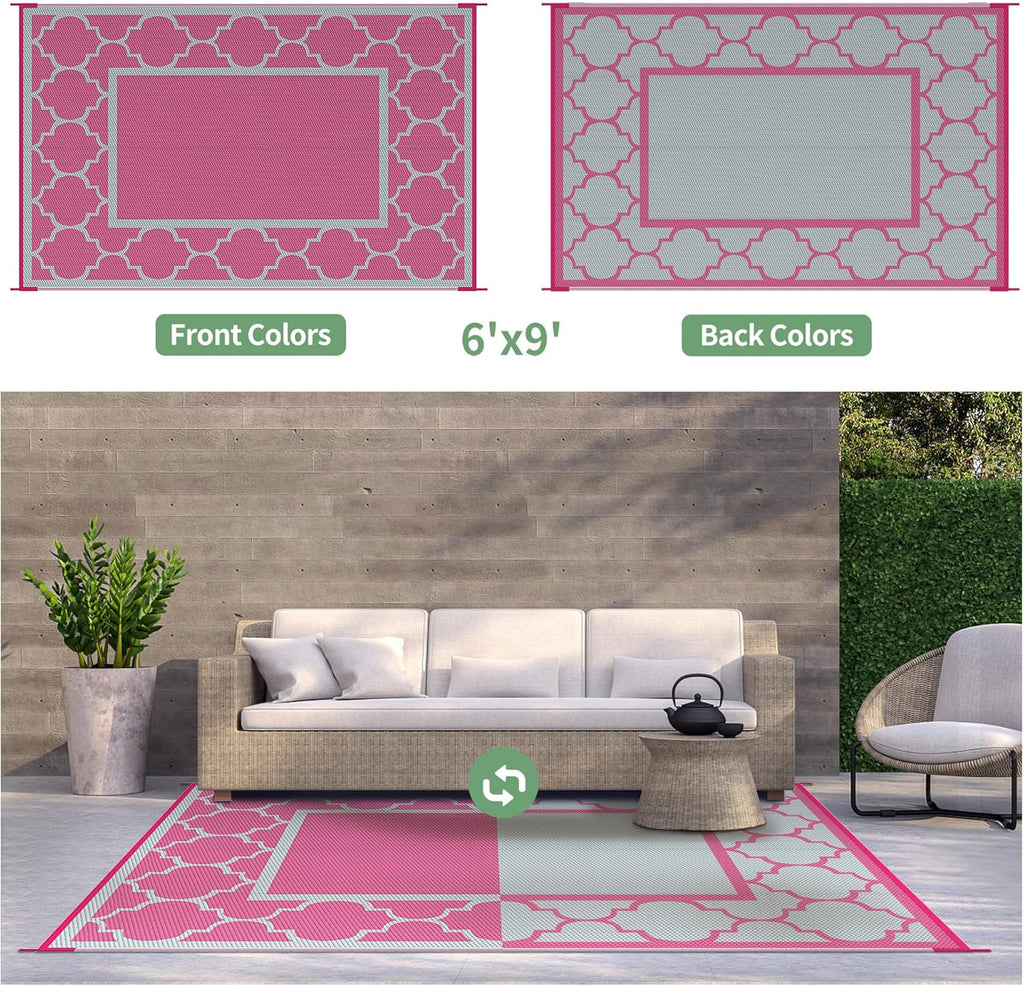 GENIMO 6' x 9' Outdoor Rug Waterproof for Patio Decor, Foldable Reversible Plastic Straw Area Rugs Mat for Camper, Outside Carpet for Rv, Deck, Porch, Picnic, Beach, Balcony, Pink & Grey