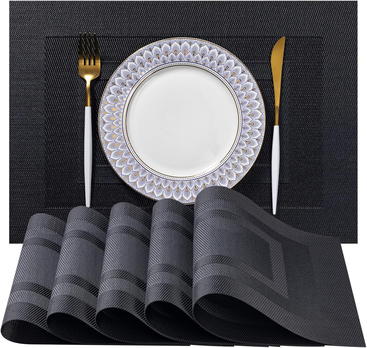 LEXMORE PlaceMats Set of 12 Vinyl/Plastic Woven Place Mats for Kitchen Table Indoor/Outdoor Washable PlaceMat Wipeable Dining Table Mats(Black Cube)