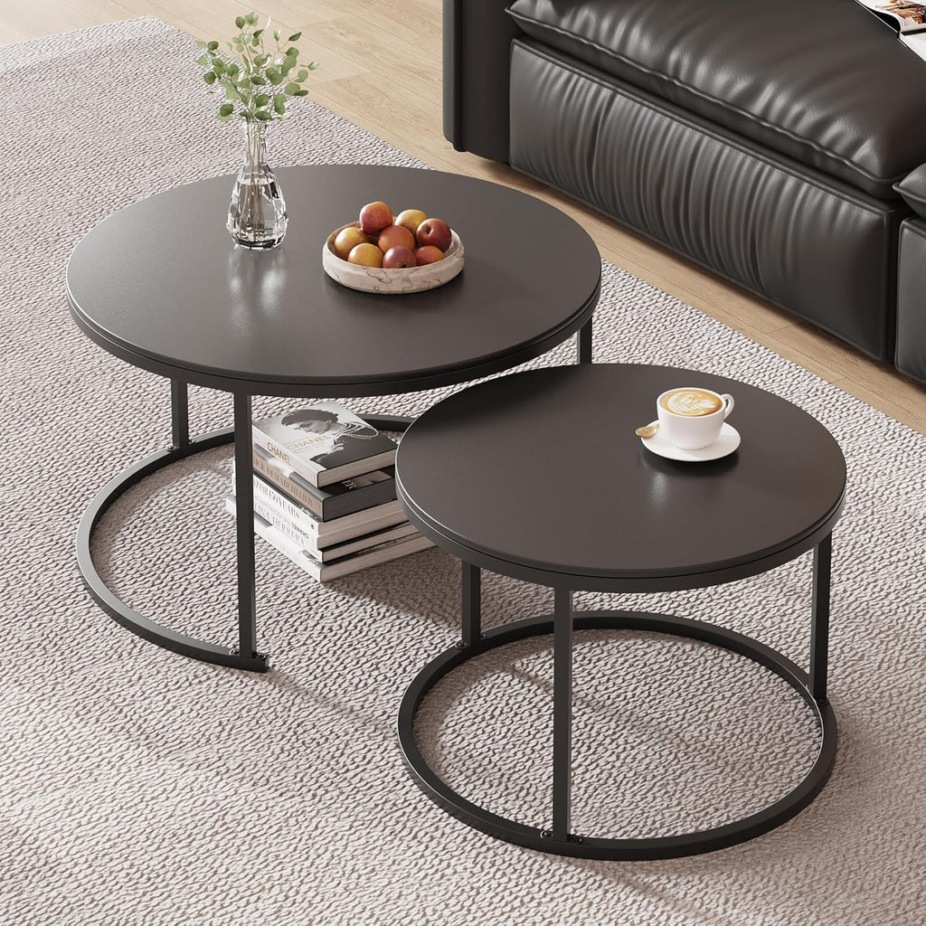 Round Nesting Coffee Table, Black Modern Decorative Coffee Center Table Set of 2,Round Sintered Stone 24'' Coffee Table for Living Room with Sturdy Metal Frame.
